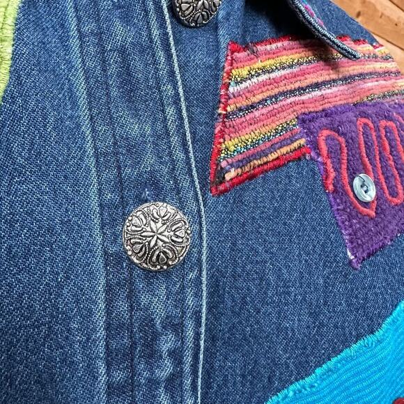Legacy Denim Patchwork Embroidered Jacket Boho Festival Artsy Small - Picture 8 of 16